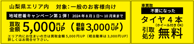 地域密着キャンペーン第1弾　8月1日～10月末まで！山梨県 エリア内にお住まいの方は買取金額5,000円UP（軽自動車は3,000円UP）
                  詳しくはお問合せ下さい。